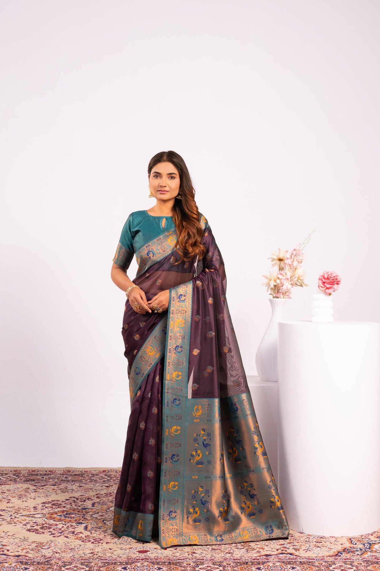 Jyoti Fashion Women's Wine Soft Tissue Silk Zari Woven Saree with Blouse