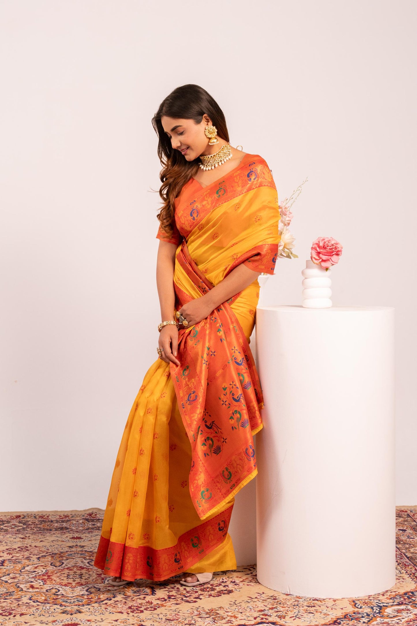 Jyoti Fashion Women's Yellow Soft Tissue Silk Zari Woven Saree with Blouse