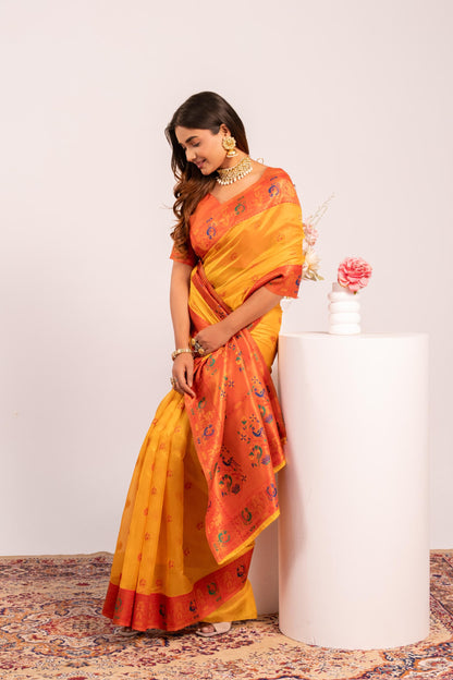 Jyoti Fashion Women's Yellow Soft Tissue Silk Zari Woven Saree with Blouse