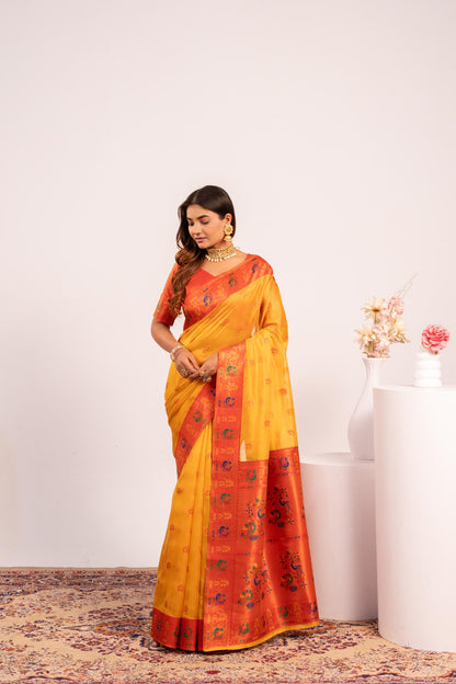 Jyoti Fashion Women's Yellow Soft Tissue Silk Zari Woven Saree with Blouse