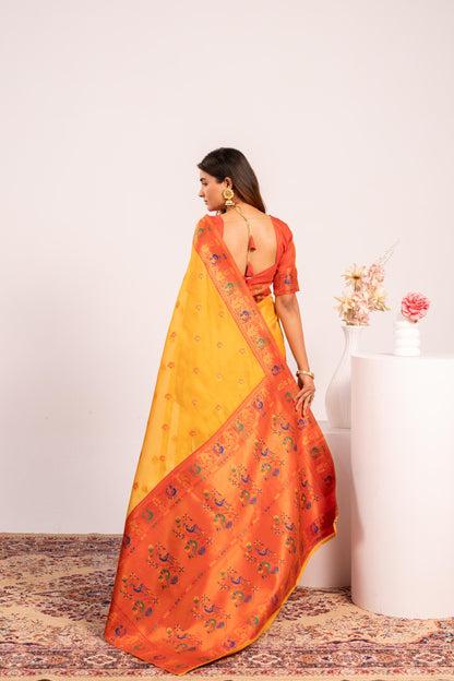Jyoti Fashion Women's Yellow Soft Tissue Silk Zari Woven Saree with Blouse