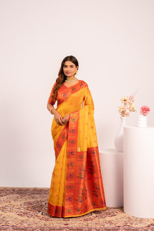 Jyoti Fashion Women's Yellow Soft Tissue Silk Zari Woven Saree with Blouse