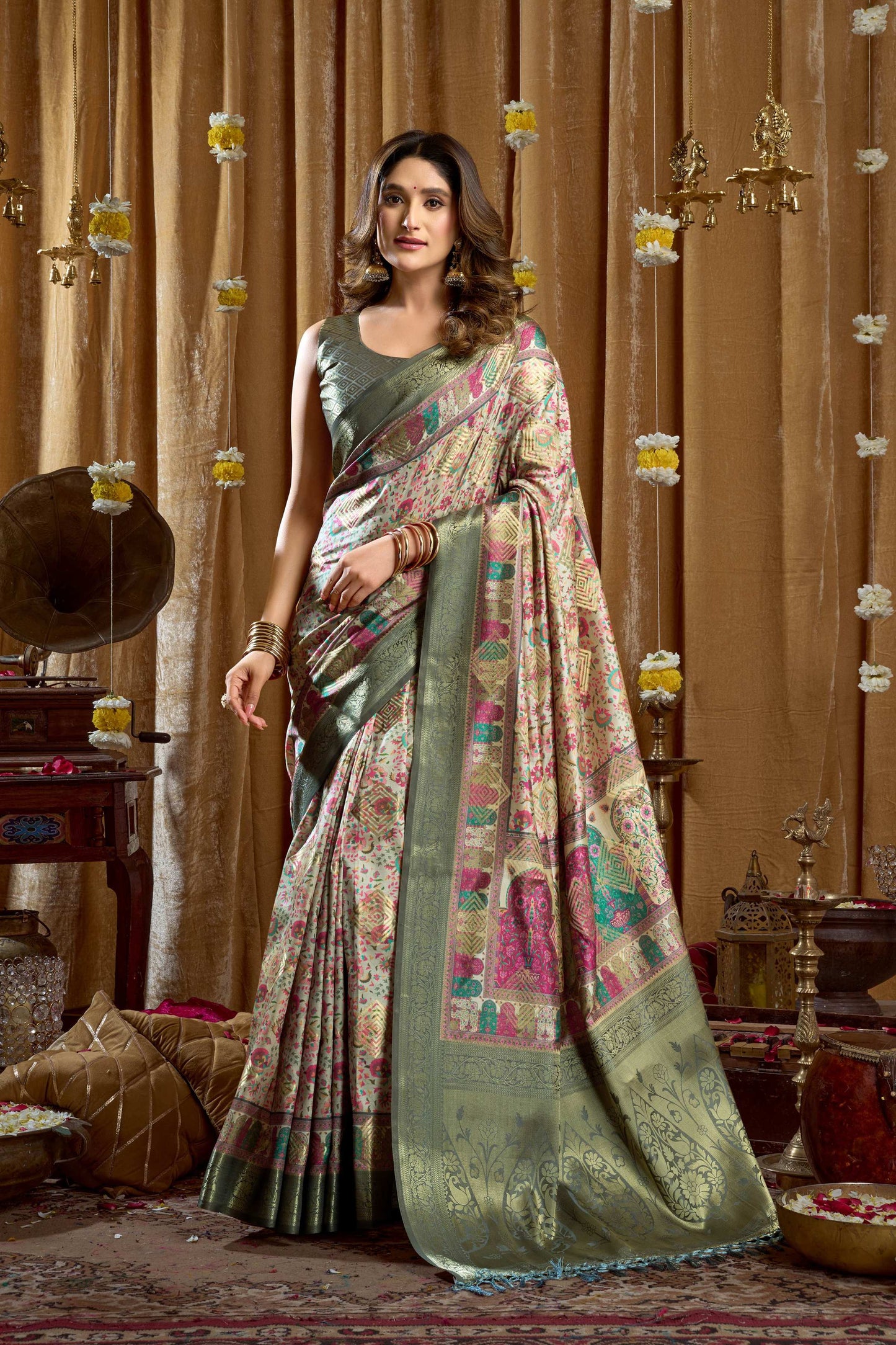 Jyoti Fashion Women's Sea Green Banarasi Digital Cluster Print Saree with Blouse