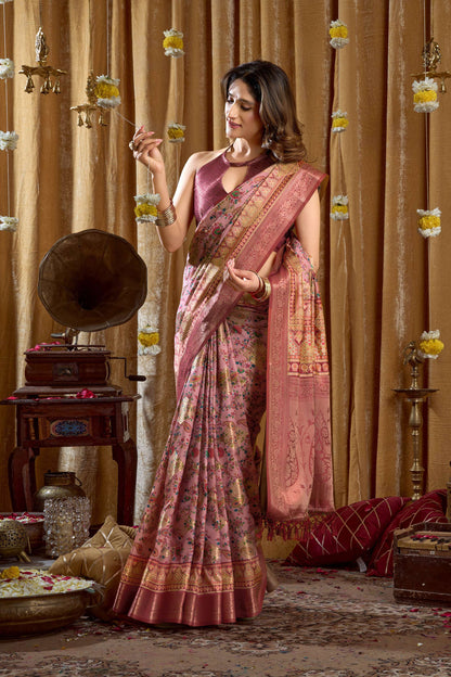 Jyoti Fashion Women's Pink Banarasi Digital Cluster Print Saree with Blouse