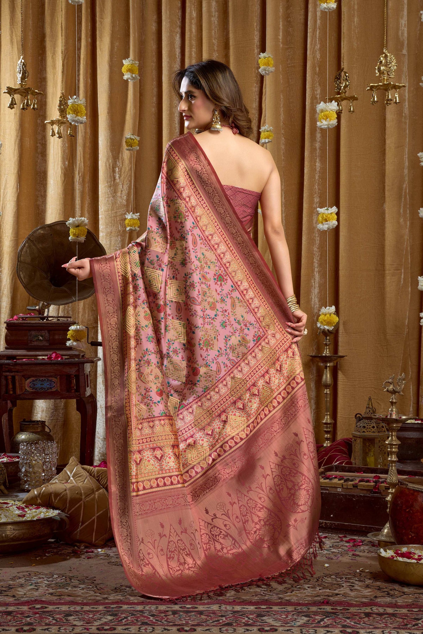 Jyoti Fashion Women's Pink Banarasi Digital Cluster Print Saree with Blouse
