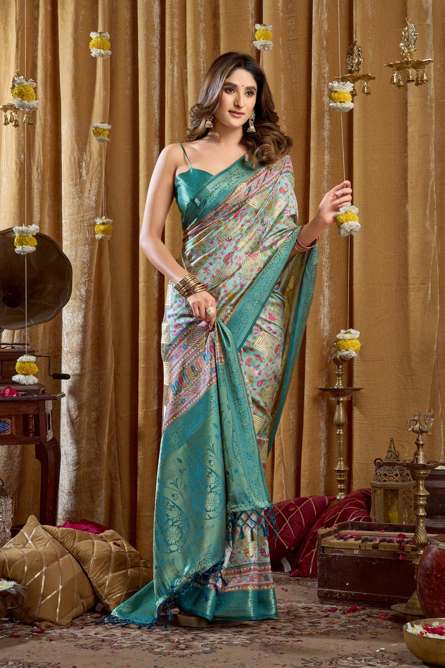 Jyoti Fashion Women's Turquoise Banarasi Digital Cluster Print Saree with Blouse
