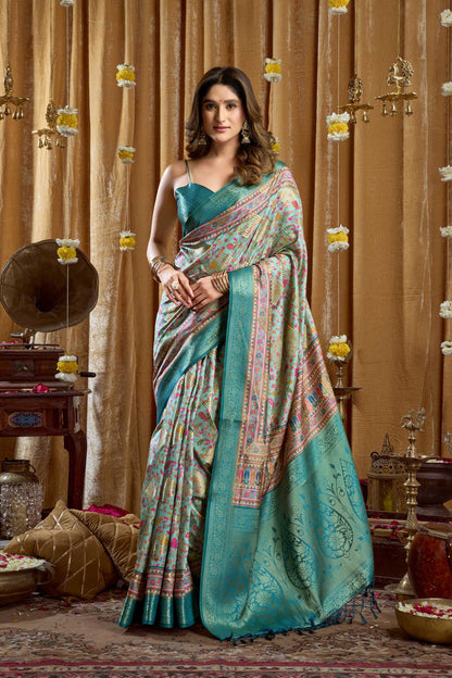 Jyoti Fashion Women's Turquoise Banarasi Digital Cluster Print Saree with Blouse