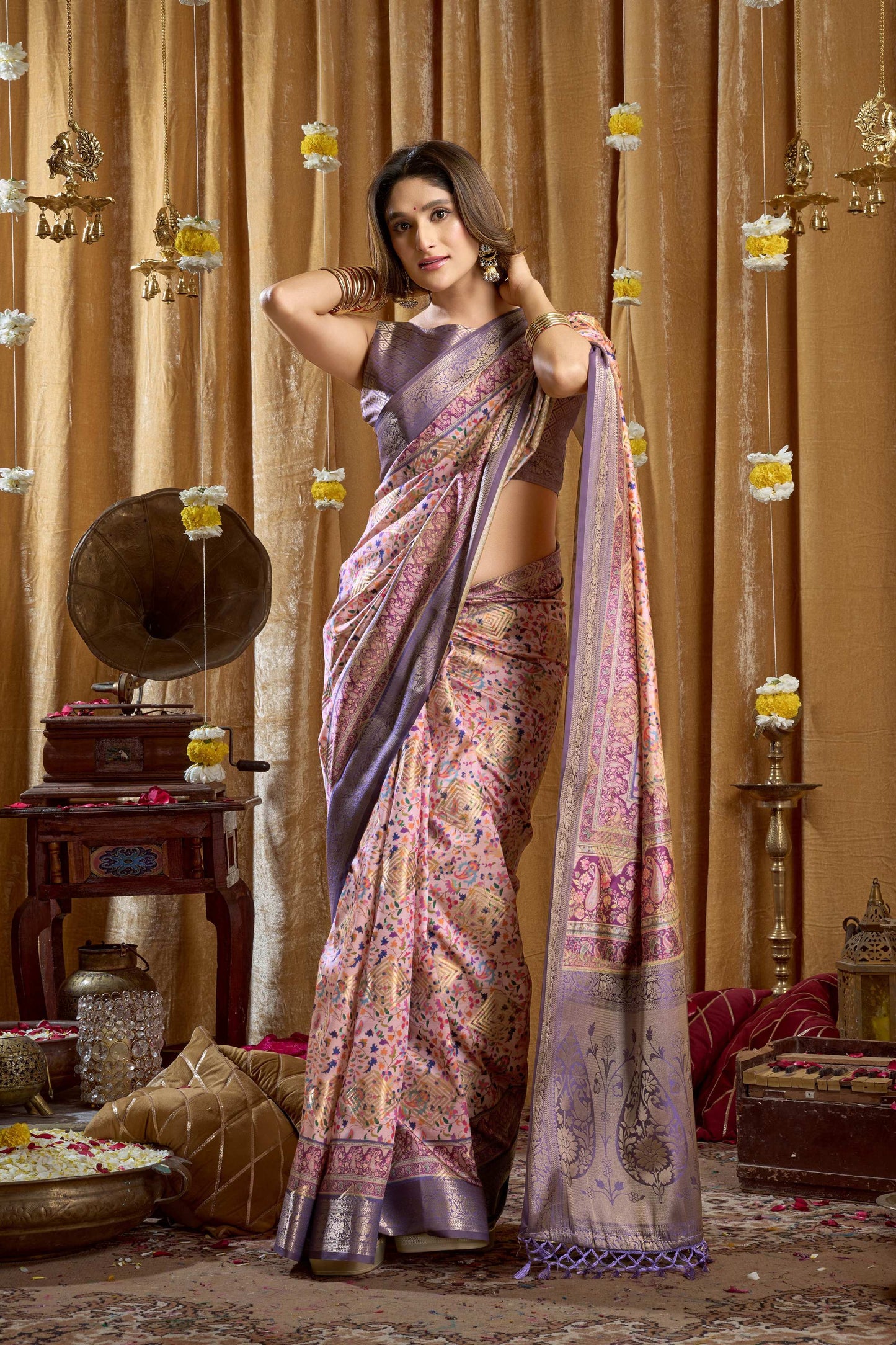 Jyoti Fashion Women's Purple Banarasi Digital Cluster Print Saree with Blouse