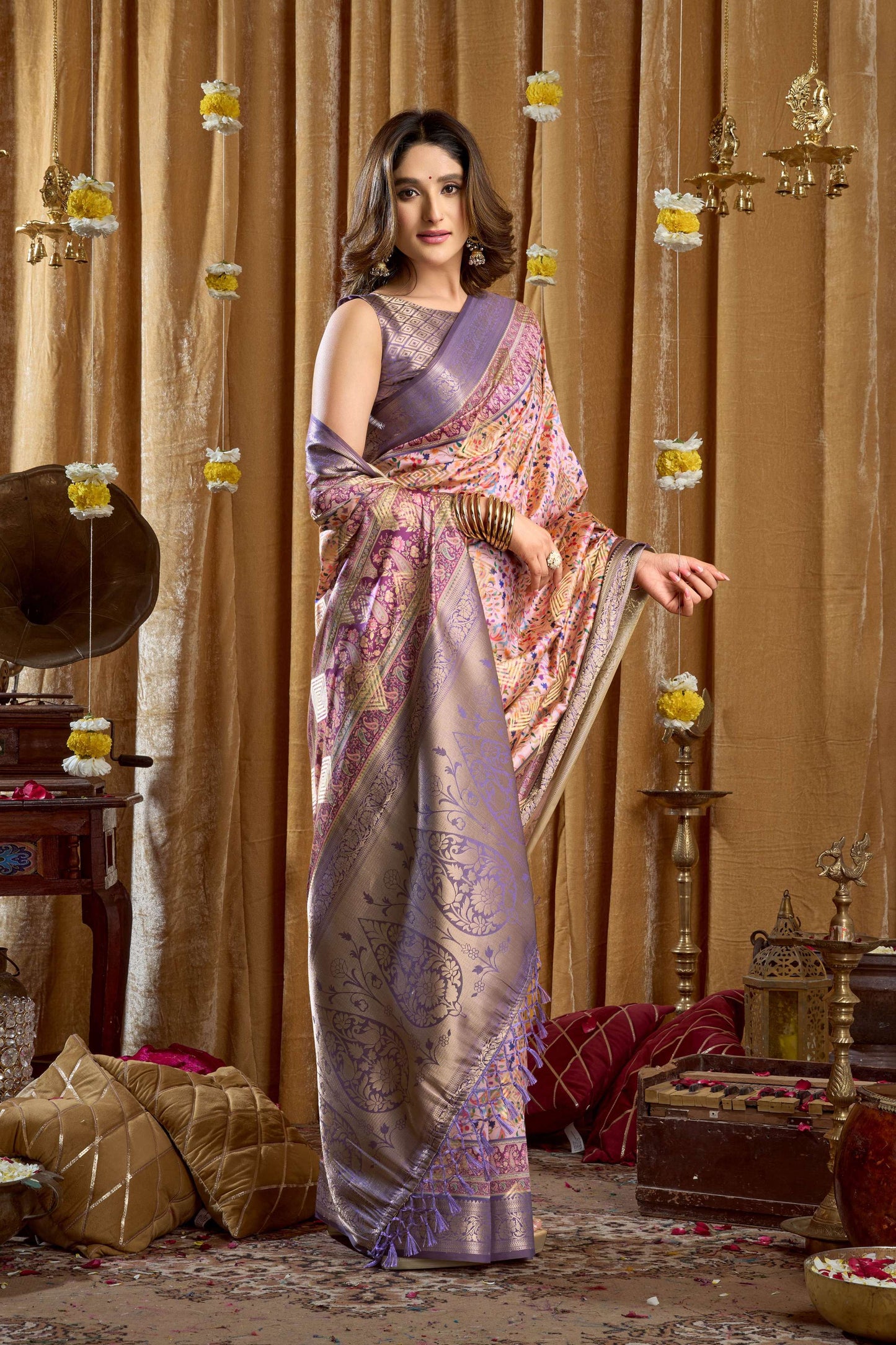 Jyoti Fashion Women's Purple Banarasi Digital Cluster Print Saree with Blouse