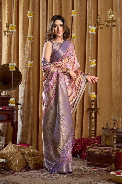 Jyoti Fashion Women's Purple Banarasi Digital Cluster Print Saree with Blouse