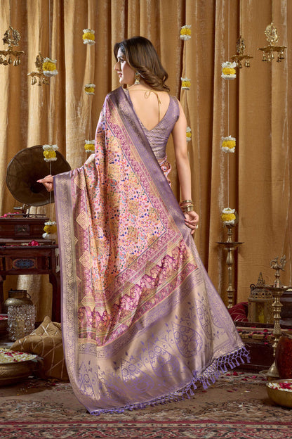 Jyoti Fashion Women's Purple Banarasi Digital Cluster Print Saree with Blouse