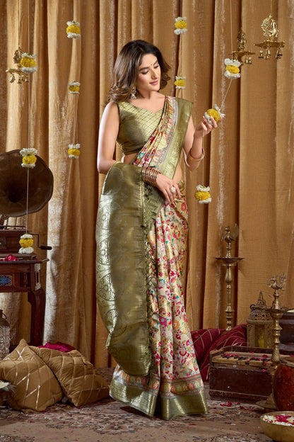 Jyoti Fashion Women's Green Banarasi Digital Cluster Print Saree with Blouse