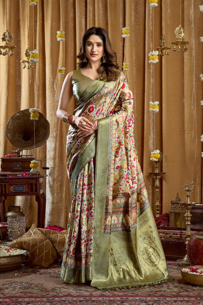 Jyoti Fashion Women's Green Banarasi Digital Cluster Print Saree with Blouse