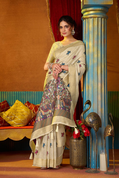 Jyoti Fashion Women's Cream Modal Zari Woven Saree with Blouse