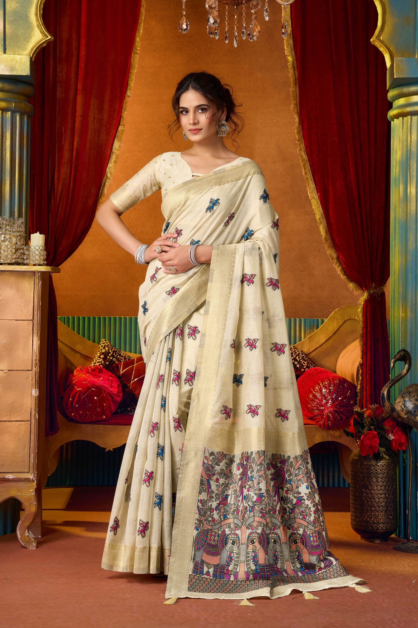 Jyoti Fashion Women's Cream Modal Zari Woven Saree with Blouse
