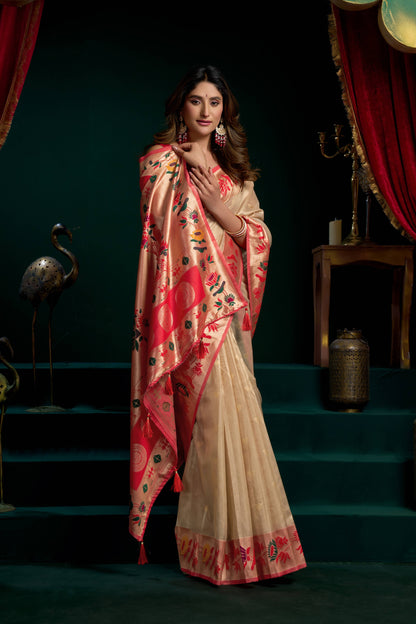 Jyoti Fashion Women's Cream Tissue Paithani Zari Woven Saree with Blouse