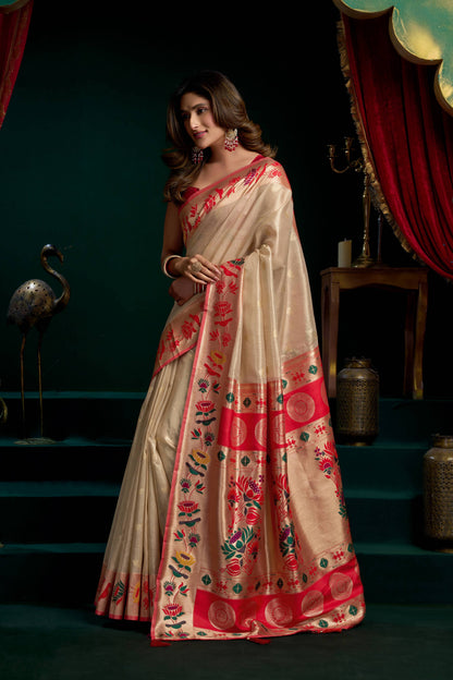 Jyoti Fashion Women's Cream Tissue Paithani Zari Woven Saree with Blouse