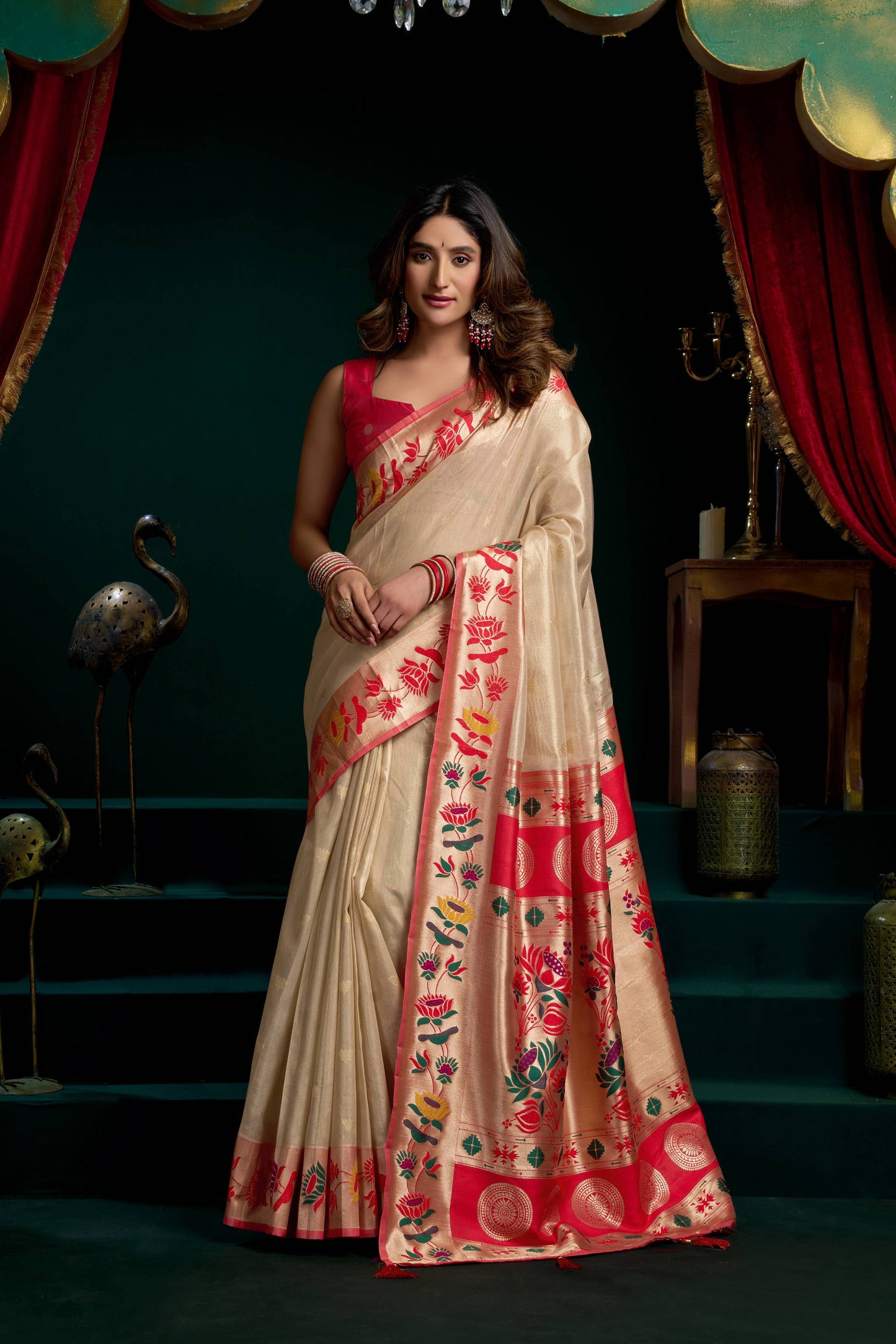 Jyoti Fashion Women's Cream Tissue Paithani Zari Woven Saree with Blouse