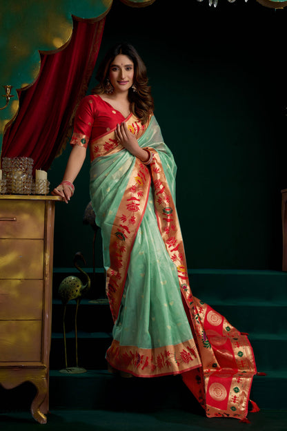 Jyoti Fashion Women's Sea Green Tissue Paithani Zari Woven Saree with Blouse