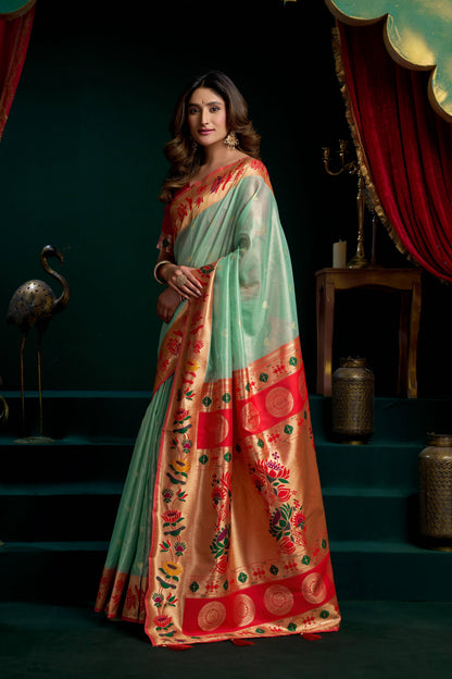 Jyoti Fashion Women's Sea Green Tissue Paithani Zari Woven Saree with Blouse
