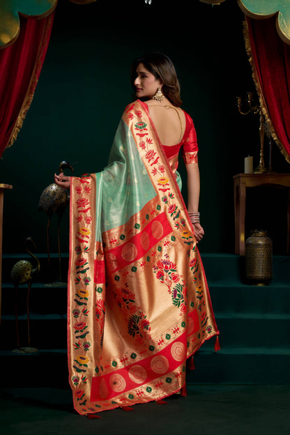Jyoti Fashion Women's Sea Green Tissue Paithani Zari Woven Saree with Blouse