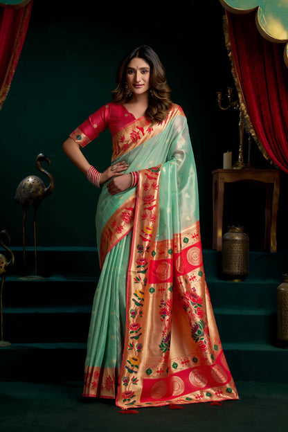Jyoti Fashion Women's Sea Green Tissue Paithani Zari Woven Saree with Blouse