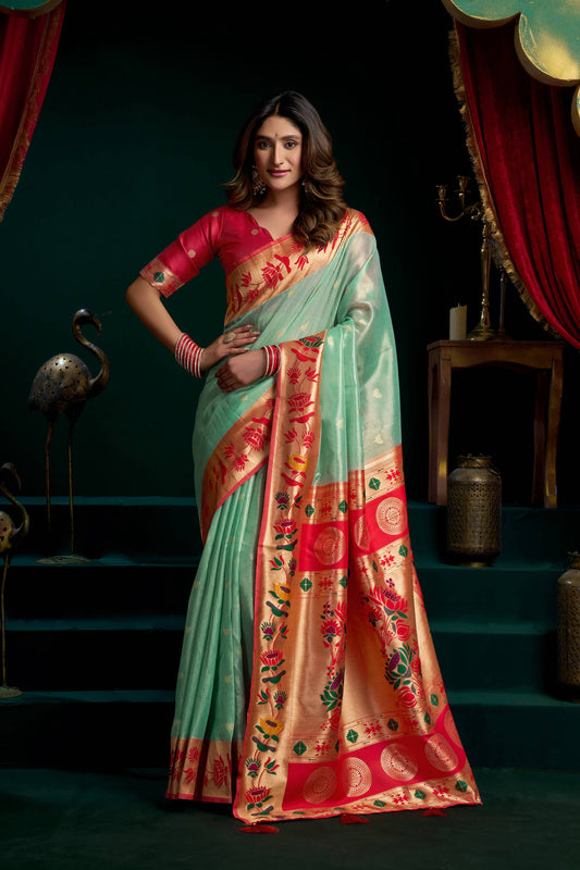 Jyoti Fashion Women's Sea Green Tissue Paithani Zari Woven Saree with Blouse