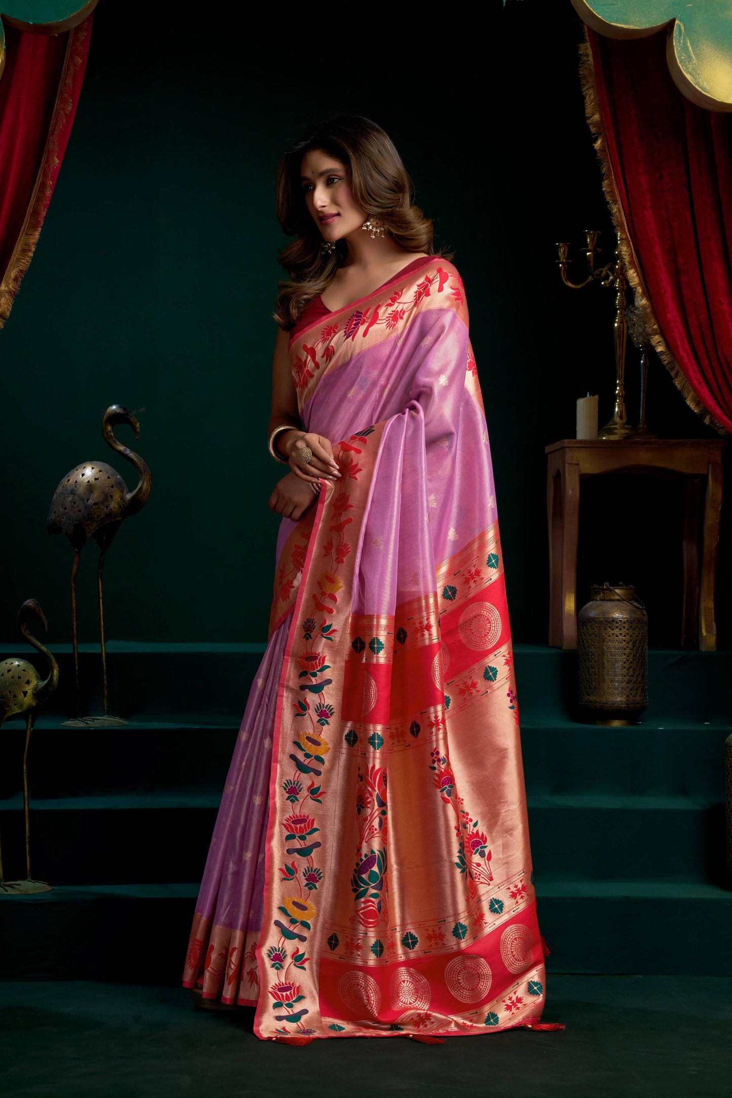 Jyoti Fashion Women's Purple Tissue Paithani Zari Woven Saree with Blouse