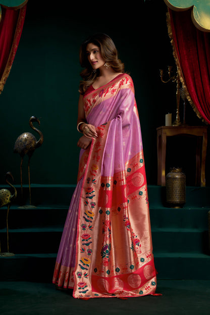 Jyoti Fashion Women's Purple Tissue Paithani Zari Woven Saree with Blouse