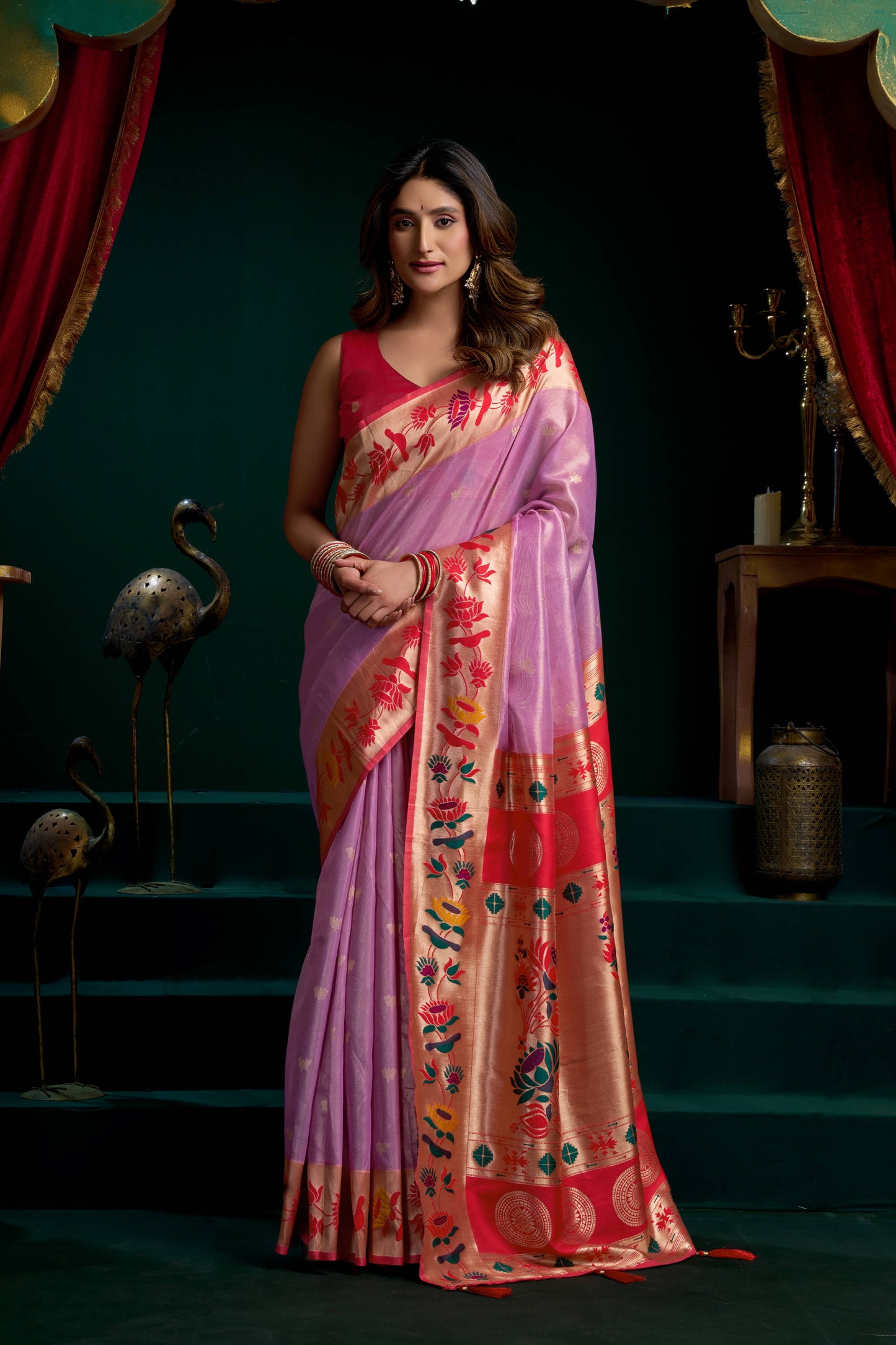 Jyoti Fashion Women's Purple Tissue Paithani Zari Woven Saree with Blouse