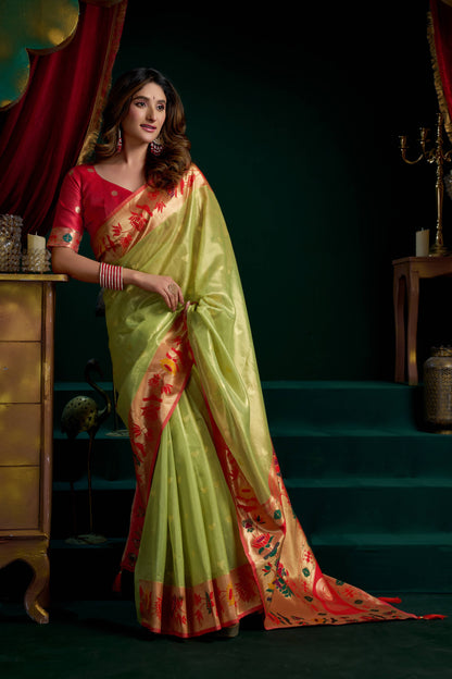 Jyoti Fashion Women's Green Tissue Paithani Zari Woven Saree with Blouse