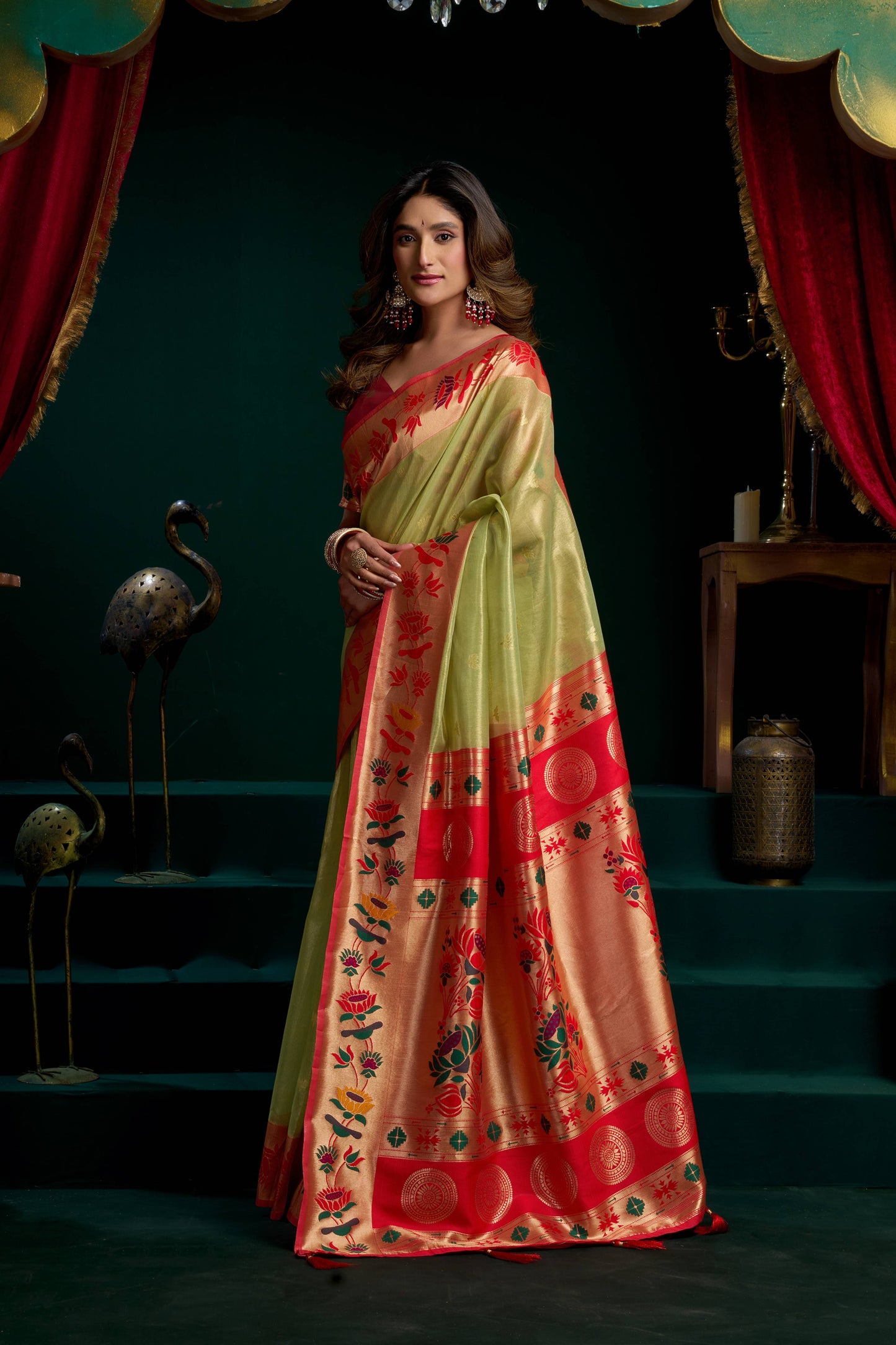 Jyoti Fashion Women's Green Tissue Paithani Zari Woven Saree with Blouse