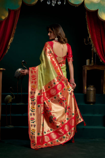 Jyoti Fashion Women's Green Tissue Paithani Zari Woven Saree with Blouse