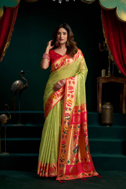 Jyoti Fashion Women's Green Tissue Paithani Zari Woven Saree with Blouse