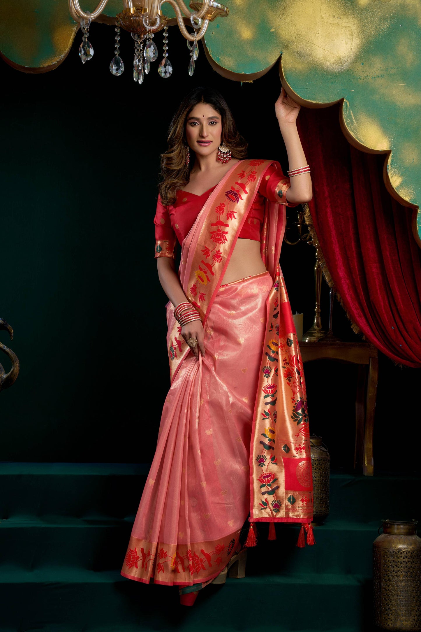 Jyoti Fashion Women's Peach Tissue Paithani Zari Woven Saree with Blouse