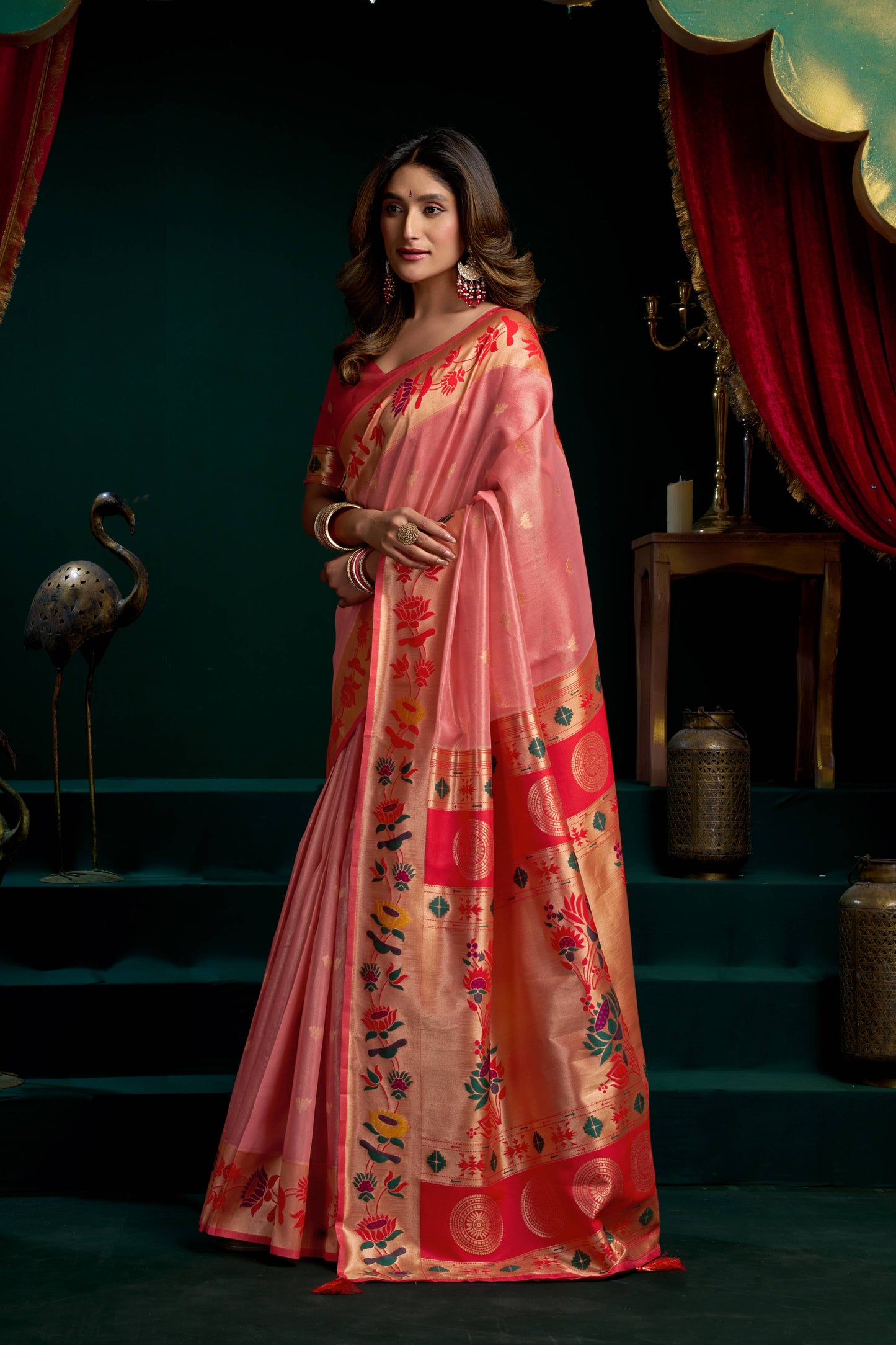Jyoti Fashion Women's Peach Tissue Paithani Zari Woven Saree with Blouse