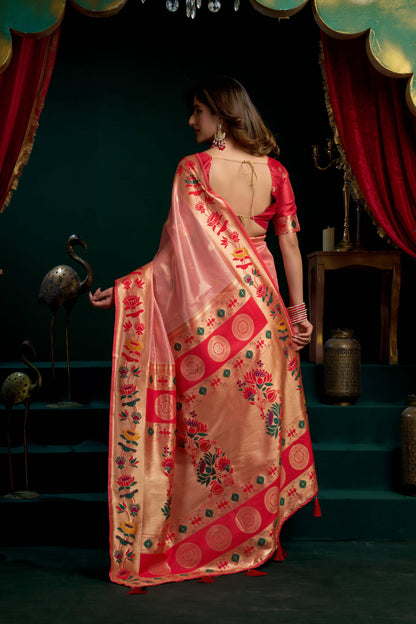 Jyoti Fashion Women's Peach Tissue Paithani Zari Woven Saree with Blouse