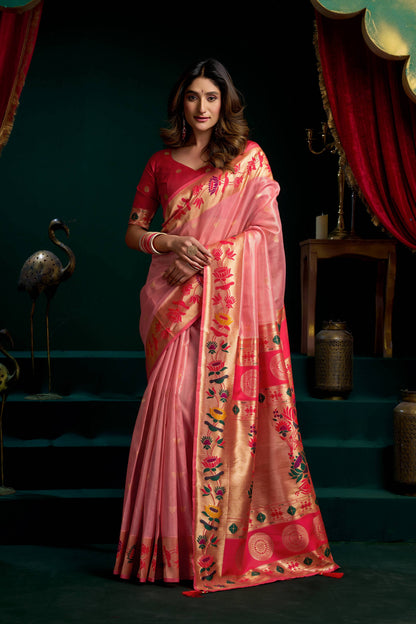 Jyoti Fashion Women's Peach Tissue Paithani Zari Woven Saree with Blouse