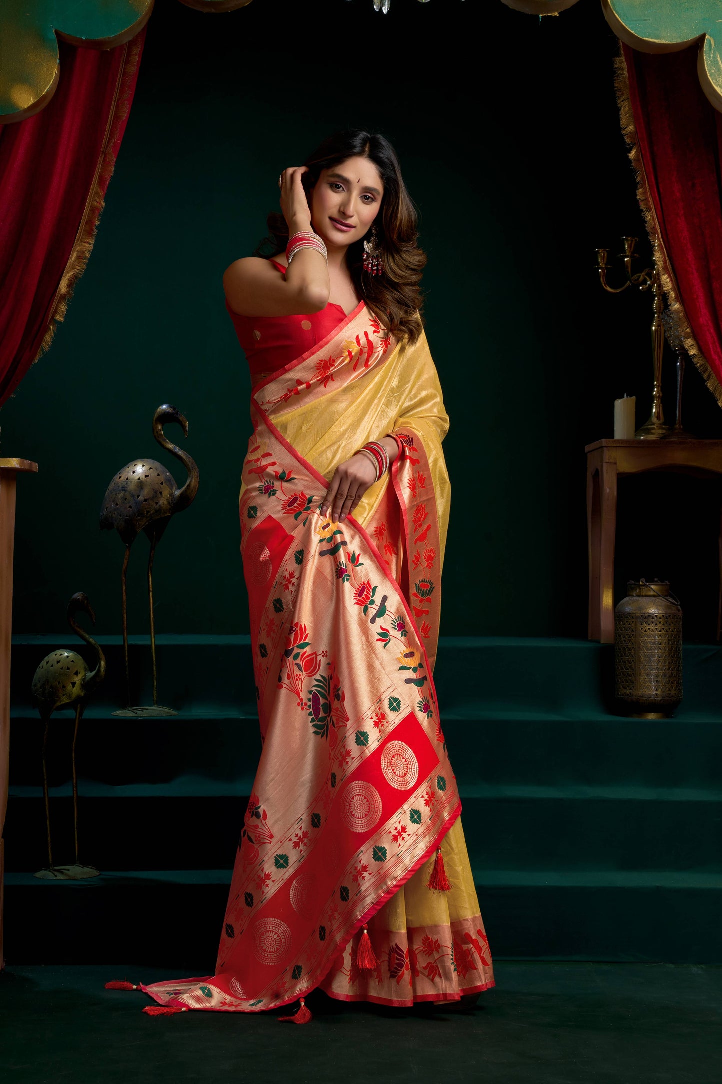 Jyoti Fashion Women's Mustard Tissue Paithani Zari Woven Saree with Blouse