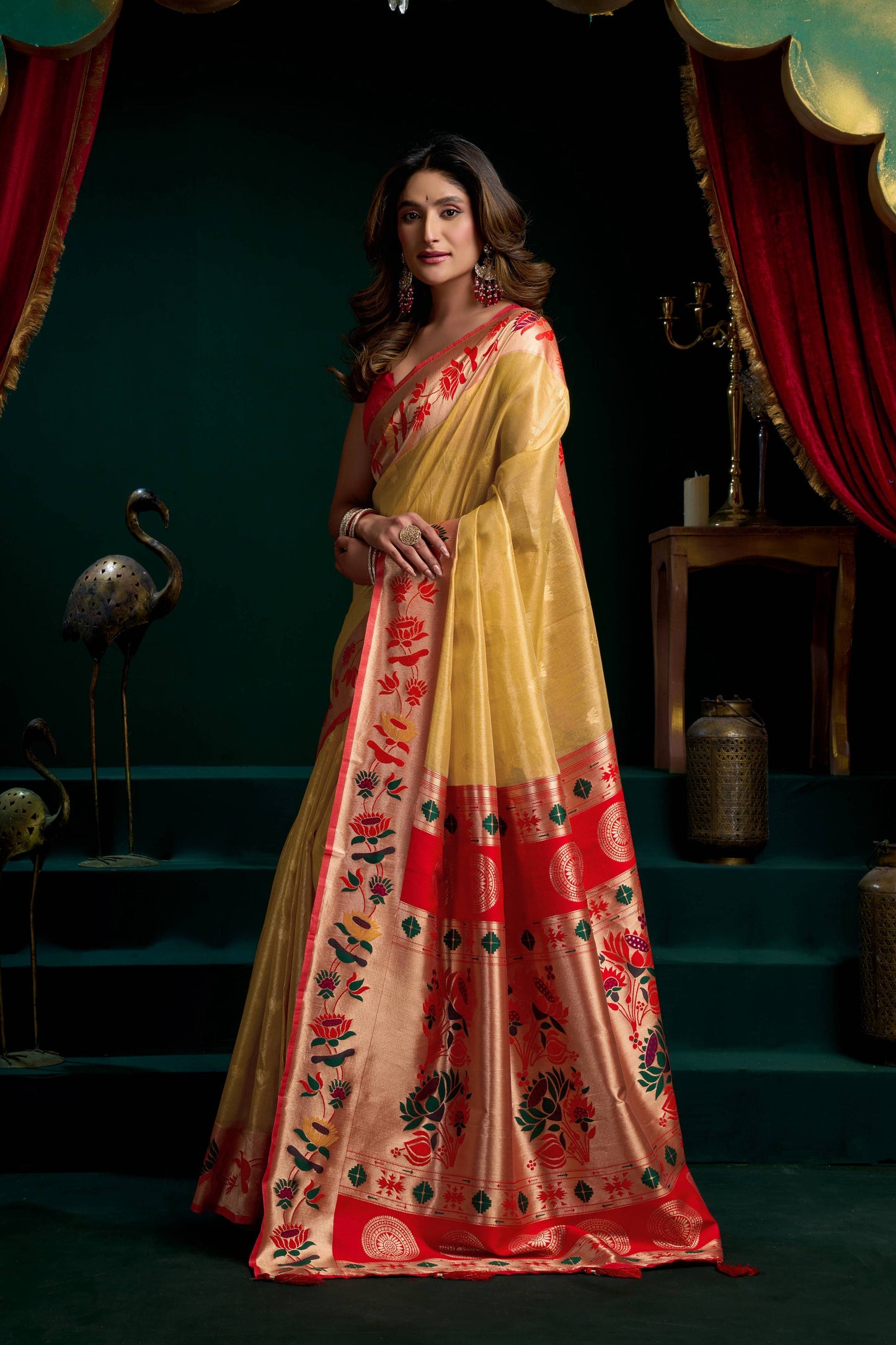 Jyoti Fashion Women's Mustard Tissue Paithani Zari Woven Saree with Blouse