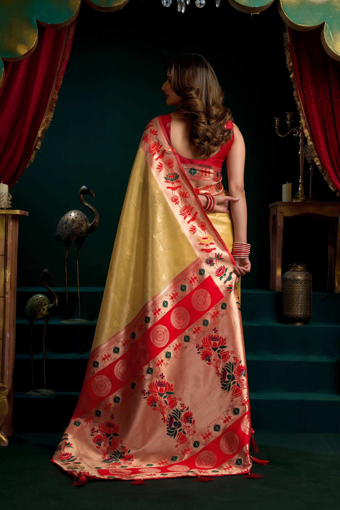 Jyoti Fashion Women's Mustard Tissue Paithani Zari Woven Saree with Blouse