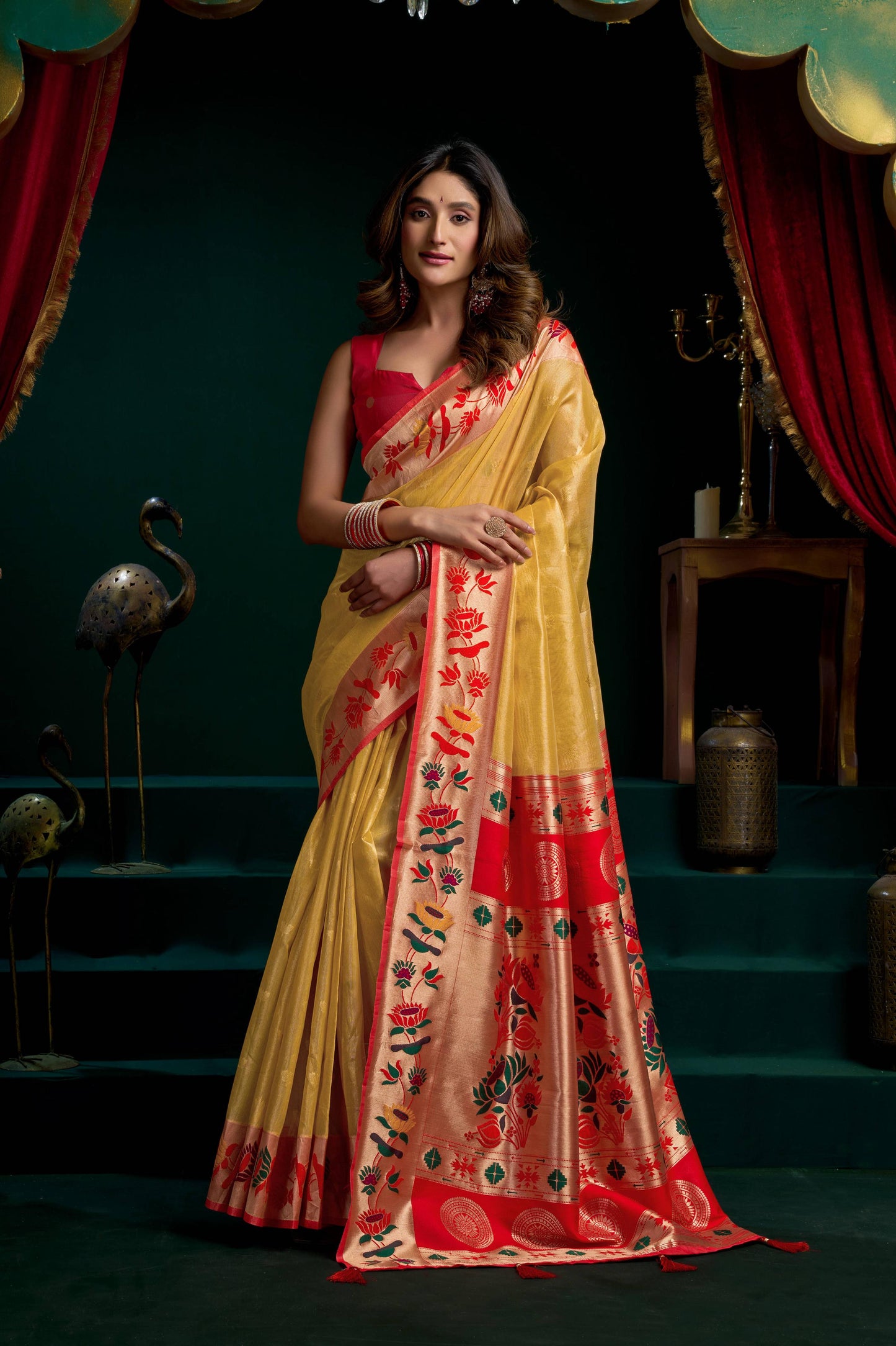 Jyoti Fashion Women's Mustard Tissue Paithani Zari Woven Saree with Blouse