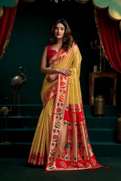 Jyoti Fashion Women's Mustard Tissue Paithani Zari Woven Saree with Blouse