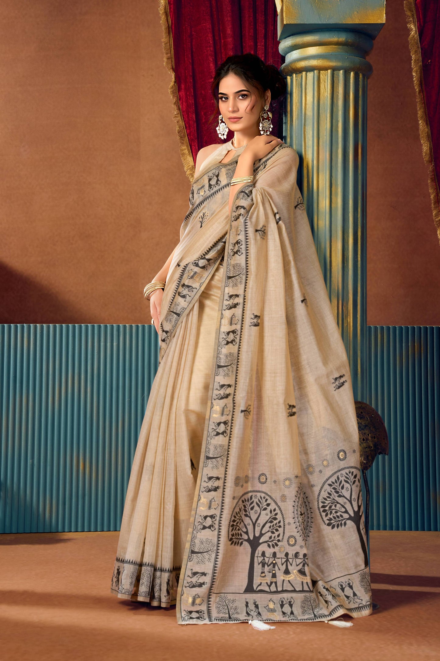 Jyoti Fashion Women's Beige Modal Zari Woven Saree with Blouse