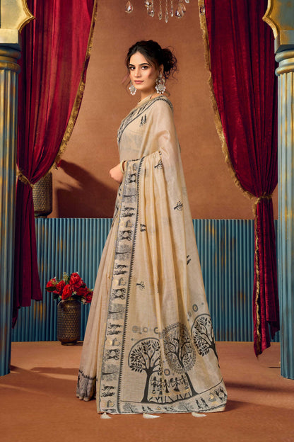 Jyoti Fashion Women's Beige Modal Zari Woven Saree with Blouse