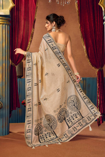 Jyoti Fashion Women's Beige Modal Zari Woven Saree with Blouse
