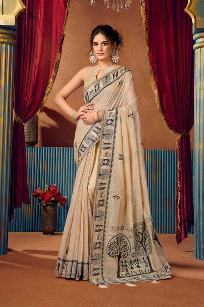Jyoti Fashion Women's Beige Modal Zari Woven Saree with Blouse