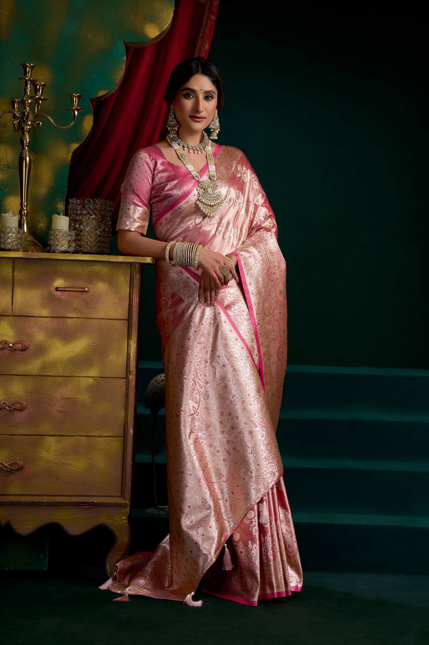 Jyoti Fashion Women's Baby Pink Satin Silk Zari Woven Saree with Blouse
