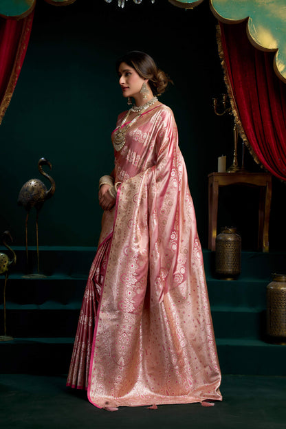 Jyoti Fashion Women's Baby Pink Satin Silk Zari Woven Saree with Blouse