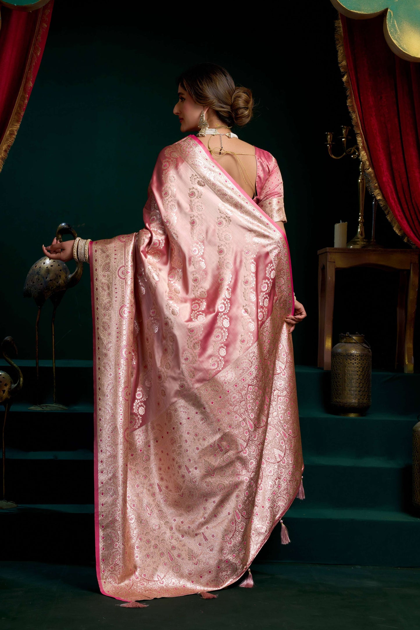 Jyoti Fashion Women's Baby Pink Satin Silk Zari Woven Saree with Blouse